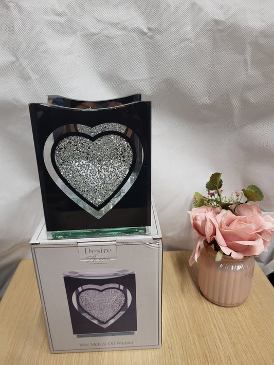 Glass Heart square with black and glitter heart wax melt oil Burner